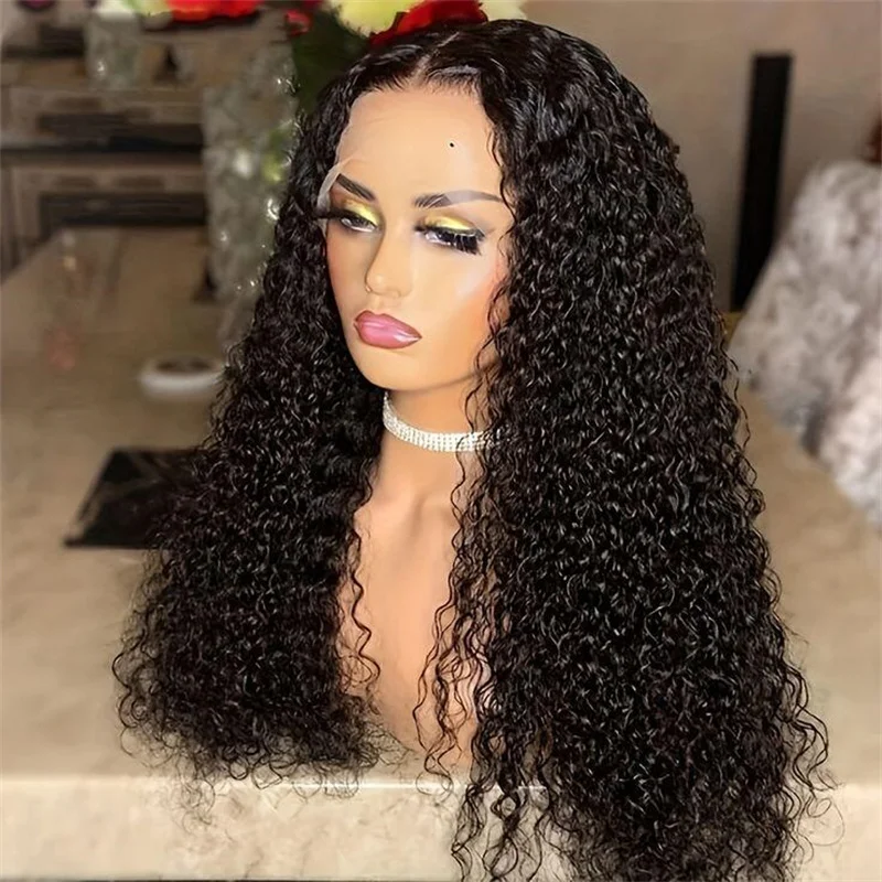 Soft 180Density Kinky Curly Long Natural Black Preplucked 26Inch Deep Lace Front Wig For Women With Baby Hair Glueless Daily