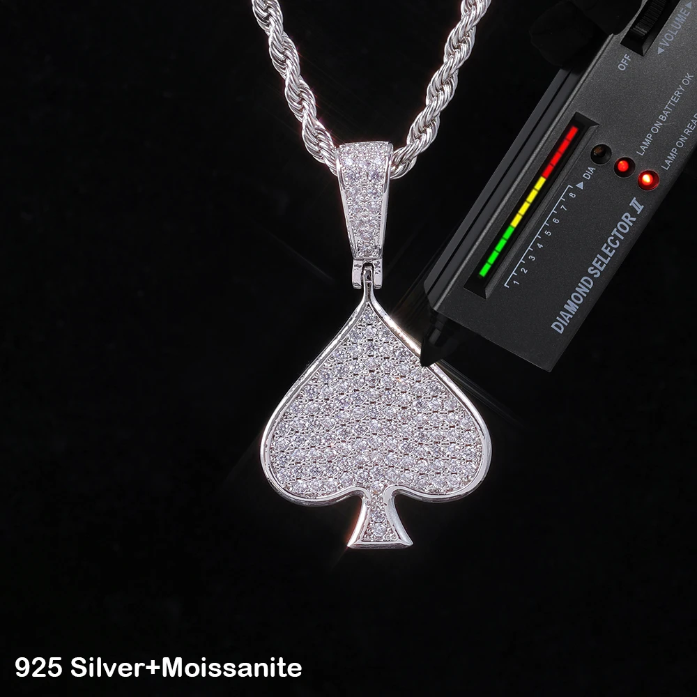 ESKEEm Iced Out VVS Moissanite Ace Spade Pendant 925 Sterling Silver Poker Sign Charm Pendant Hip Hop Jewelry for Men Women