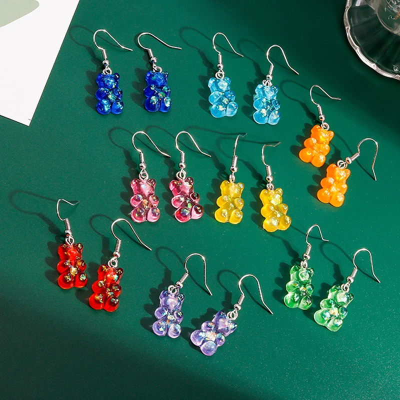 Leslie Hot Selling Lovely Colorful Resin Glitter Gummy Bear Earrings for Women Mini Bear Earring BFF Girls Kids Birthday Gifts