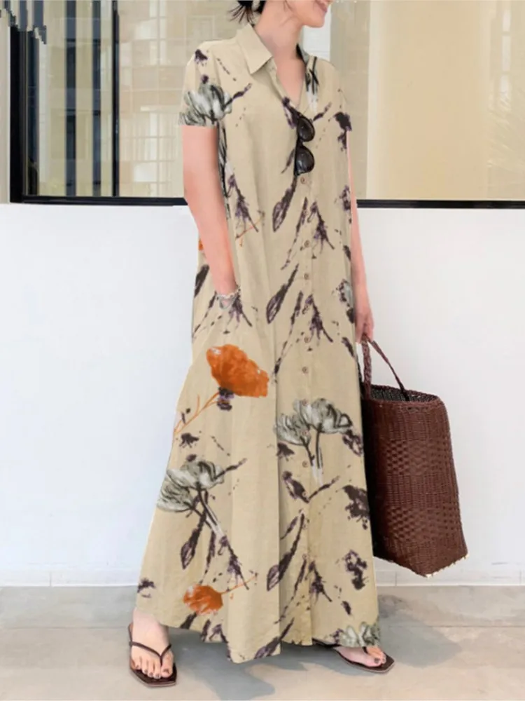 

Vintage Floral Print Long Dress Summer Short Sleeve Polo Neck Oversized Boho Dress Women Cotton Blend Maxi Sundress Beach Party