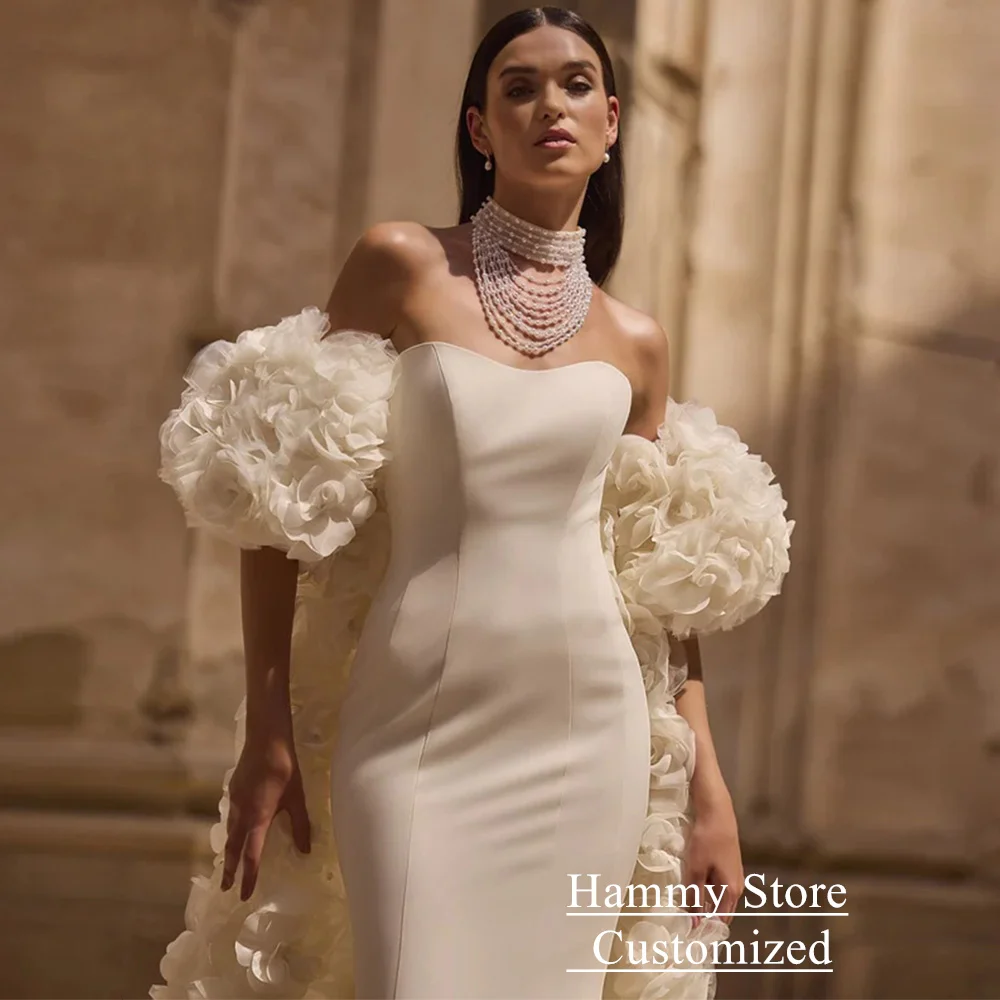 Simple Mermaid Wedding Dress with Flower Cape Customized Luxury Arabian Bride Dresses Sweetheart Sleeveless Dubai Bridal Gown