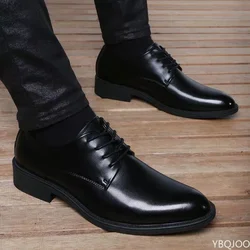 Breathable Lace Up Groom Wedding Shoes Men's Leather Shoe British Business Dress Pointe Toe Heigh Increasing Insole Non-Slip man