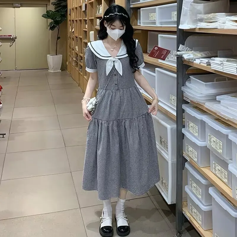 かわいいガールドレスルーズプラスサイズ学生カレッジスタイルガール甘いネイビーカラーオーバーニードレス夏の新しい Y2k ドレス