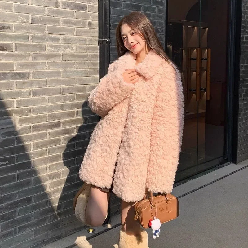 Turndown Collar Large Size Long Coats Artificial Lamb Wool Winter Jacket Women Sweet Girls Casual Outerwear Solid Coffee Clothes