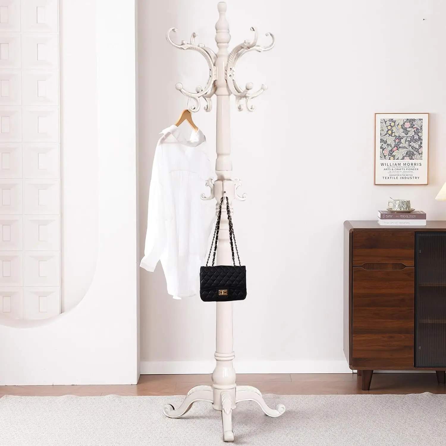 Wooden Coat Racks,with 12 Hooks & Stable Triangular Base, Entryway Coat Rack Freestanding for Hat, Clothes, Scarves, Handbags, Umbrella (Ivory)