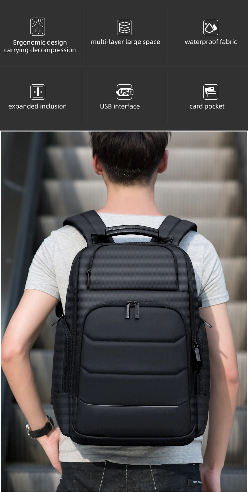 Fenruien Waterproof Backpacks USB Charging School Bag Anti-theft Men Backpack Fit 15.6 Inch Laptop Travel Backpack High Capacity