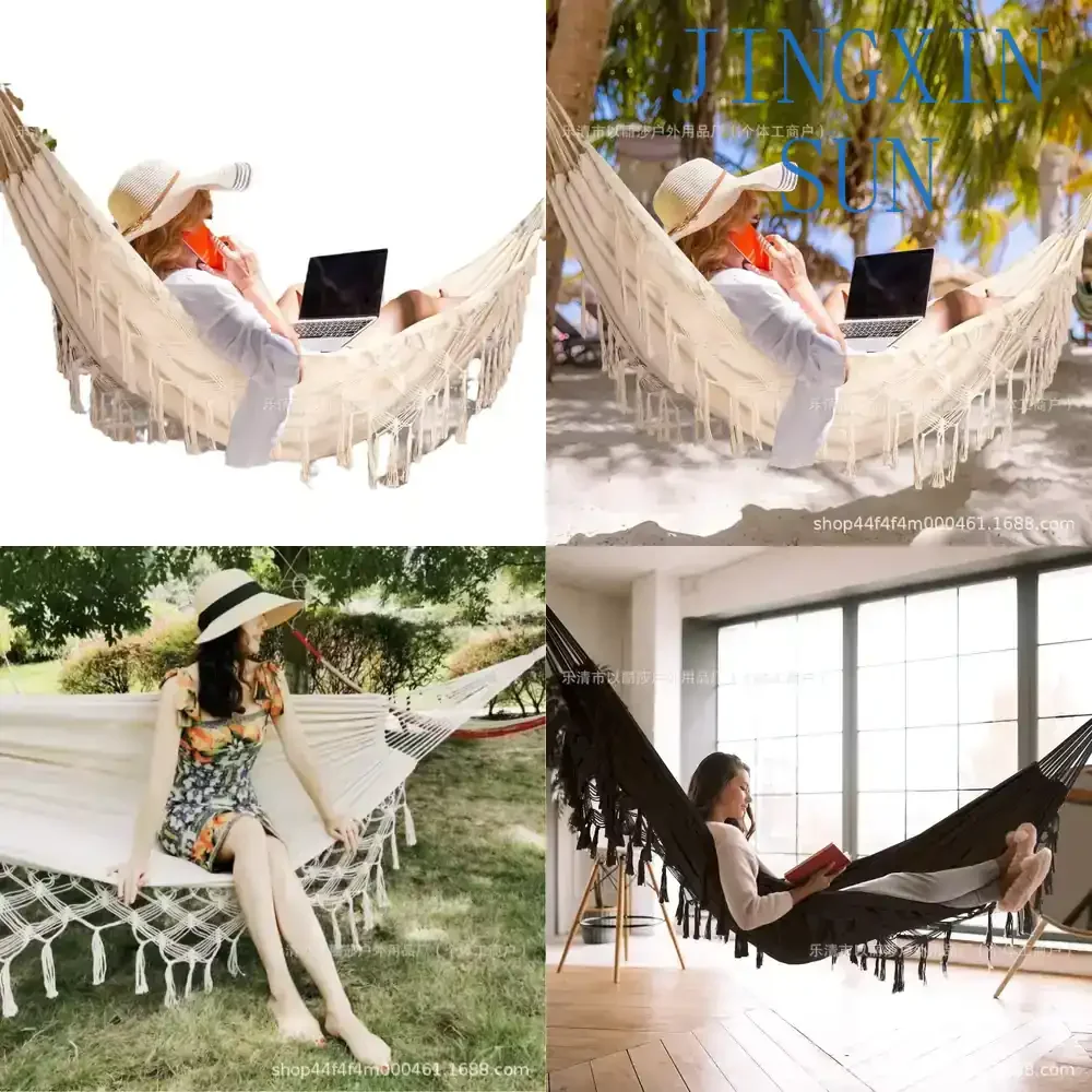 Double Fringed Hammock for Outdoor Bohemian B&B Wide Enlarged Canvas Anti-Rollover Swing Rocking Net Bed for Camping Hiking