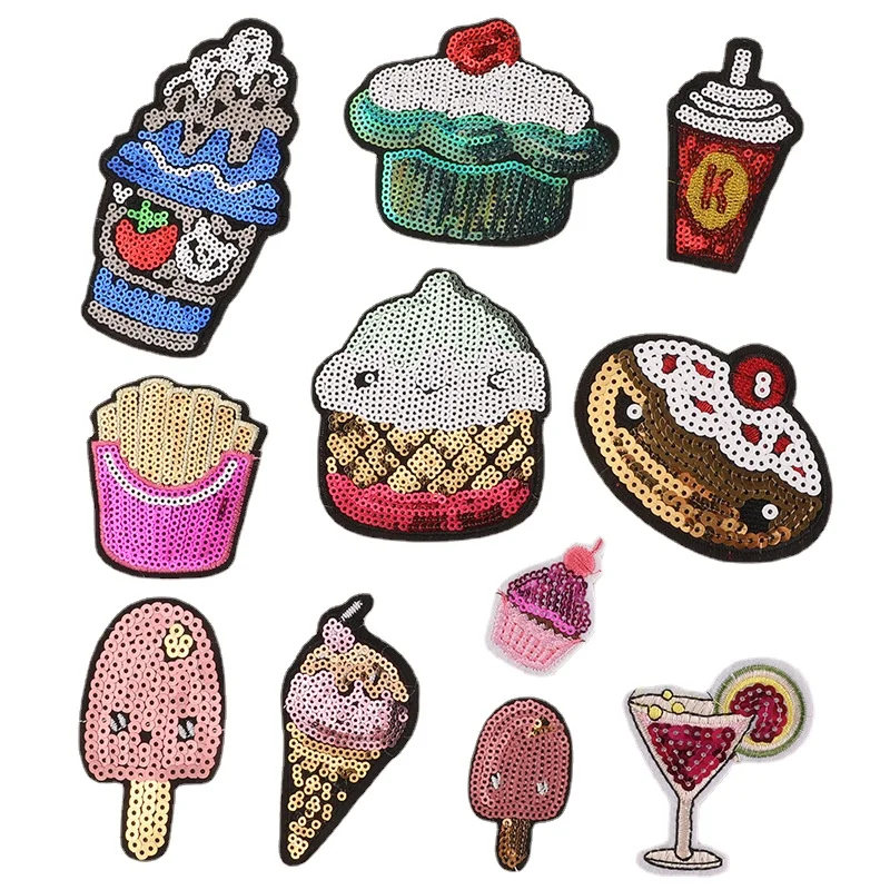 50pcs/Lot Luxury Sequin Embroidery Patch Ice Cream Hamburger Drink Shirt Bag Clothing Decoration Accessory Craft Diy Applique