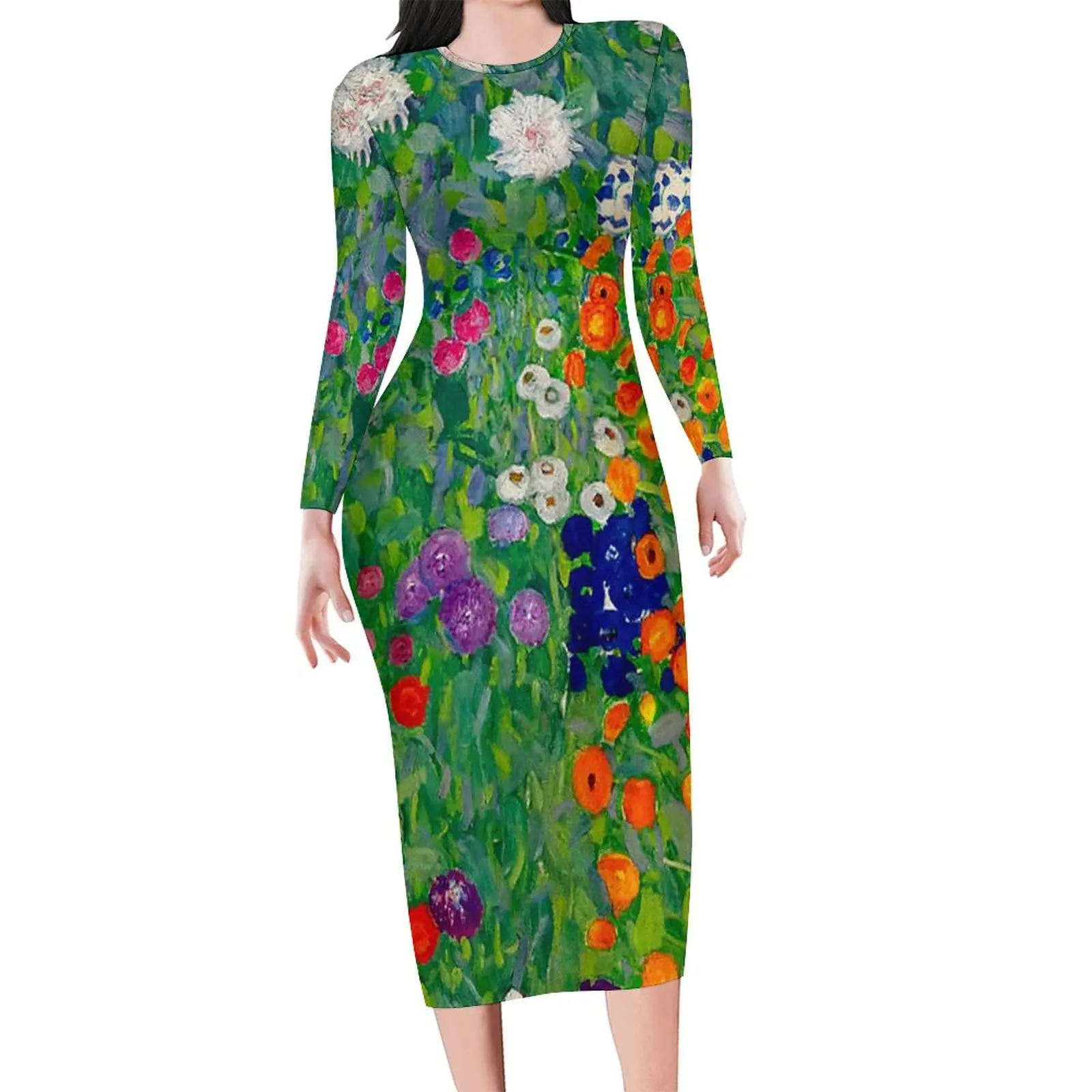 Gustav Klimt Bodycon Dress Summer Cottage Garden Print Night Club Dresses Woman Long Sleeve Custom Aesthetic Dress Large Size