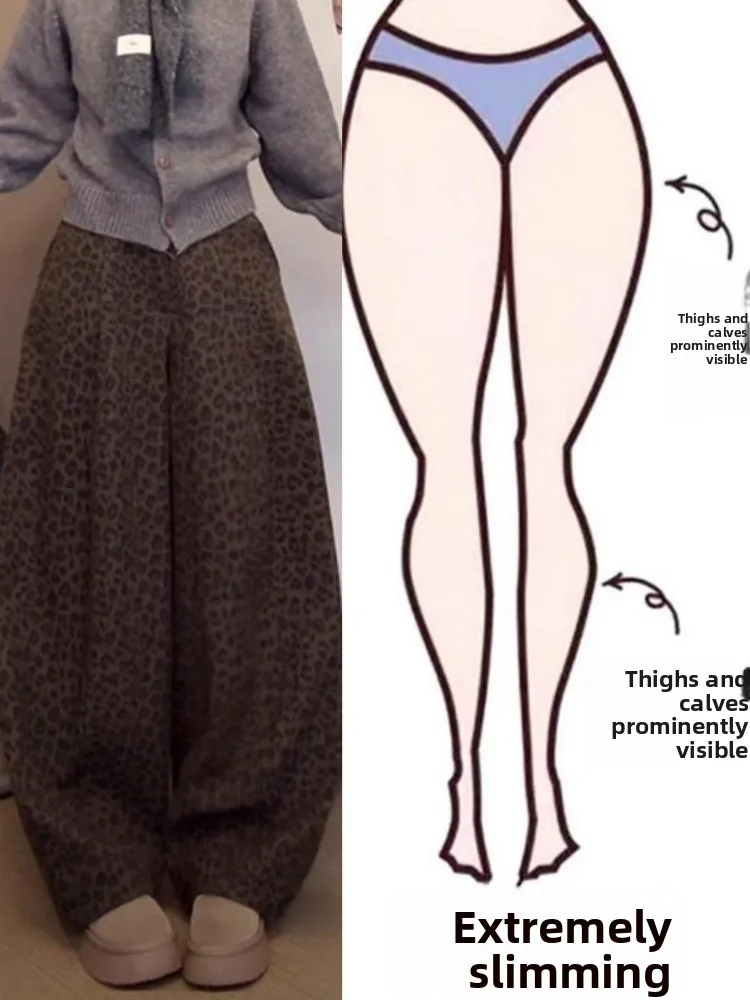 Retro leopardo impressão fce forrado calças casuais femininas outono inverno novo tamanho grande cintura alta solta emagrecimento drapeado perna larga...