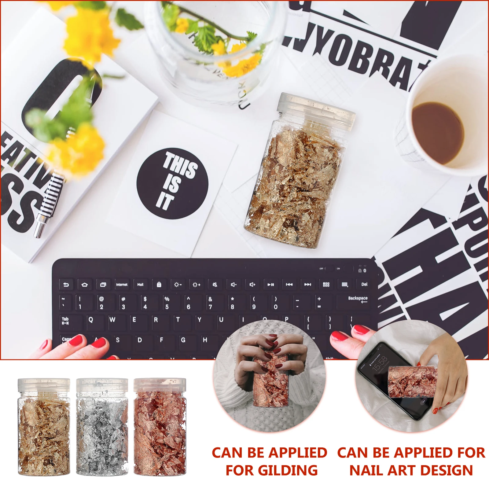 3 pezzi di lamina d'oro in carta metallizzata per unghie per decorazioni per unghie, festival, feste, glitter per unghie