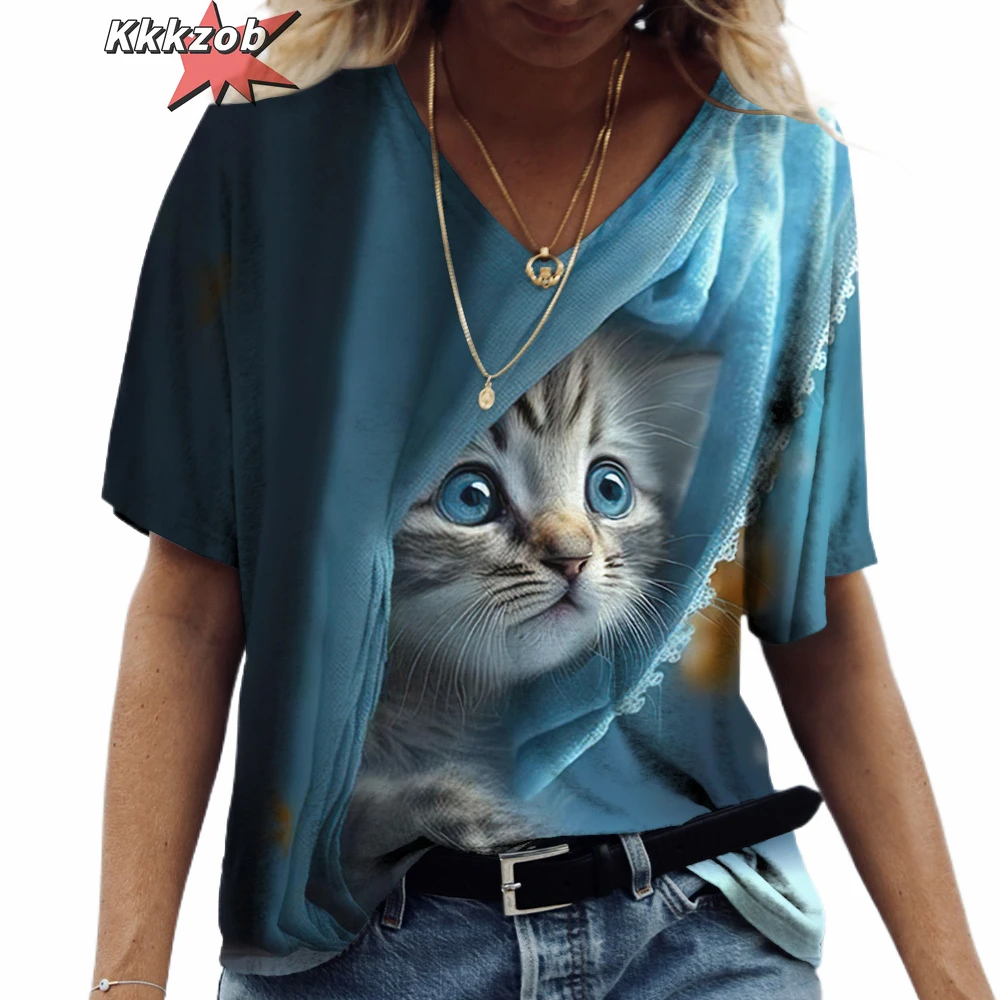 Katze Gedruckt Kurzarm Weibliche Harajuku Tees Mode frauen T-Shirt Damen T Shirt Übergroßen V-ausschnitt Tops Tier Frauen Kleidung