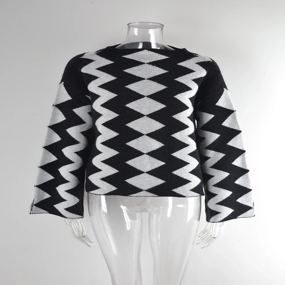 Damen Pullover Mode Retro Pullover Pullover Winter Rhombus Top Strickpullover Rundhals Langarm Casual Pullover