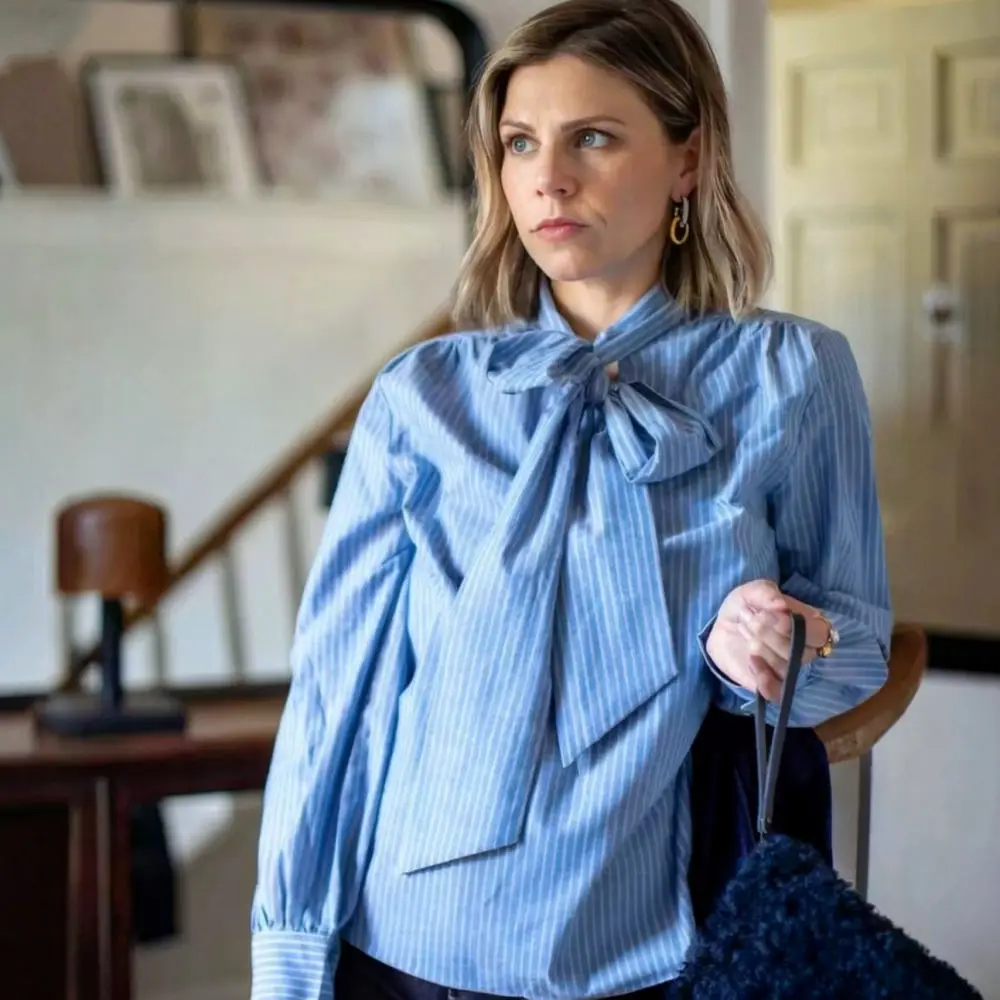 Women Elegant Striped Shirt Long Sleeve Bowknot Detail Polo Neck Blouse Fashion Office Commuter Slim Fit Pullover Tops New 3