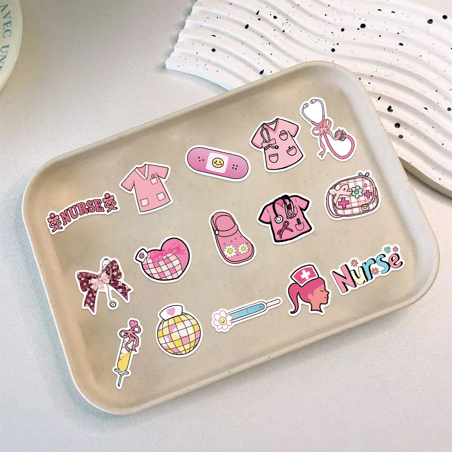 50 PCS Pink Bow Nurse's Day Graffiti Stickers Guitar Notebook Stationary Box Luggage DIY Waterproof Decoration Stickers