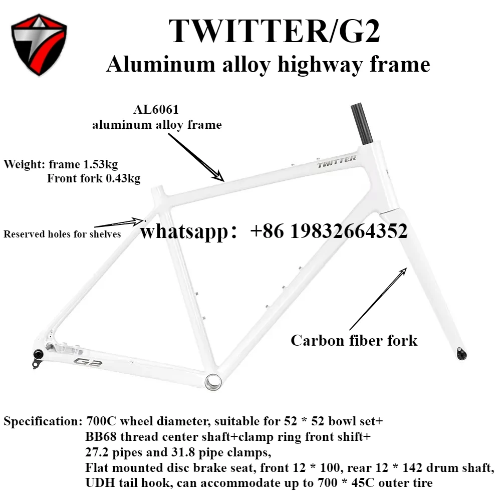 

TWITTER GRAVEL-G2 aluminum alloy 6061 gravel frame 700C*38C disc brake through shaft BSA68 high-strength off-road gravel frame