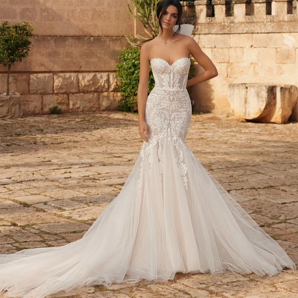 

Модное милое кружевное свадебное платье с аппликацией без рукавов, свадебные платья русалки, платья невесты по индивидуальному заказу