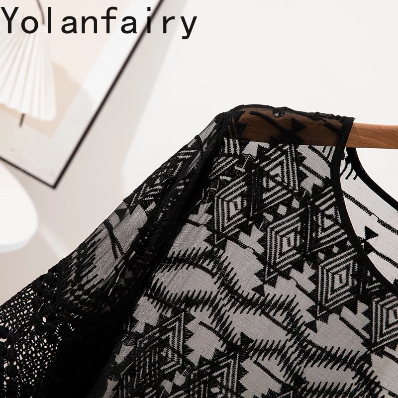 YOLANFAIRY 100% Mulberry Silk Blouse Woman Elegant Embroidery Sun-protective Pullovers Summer Top T-shirt Lady Tops and Blouses