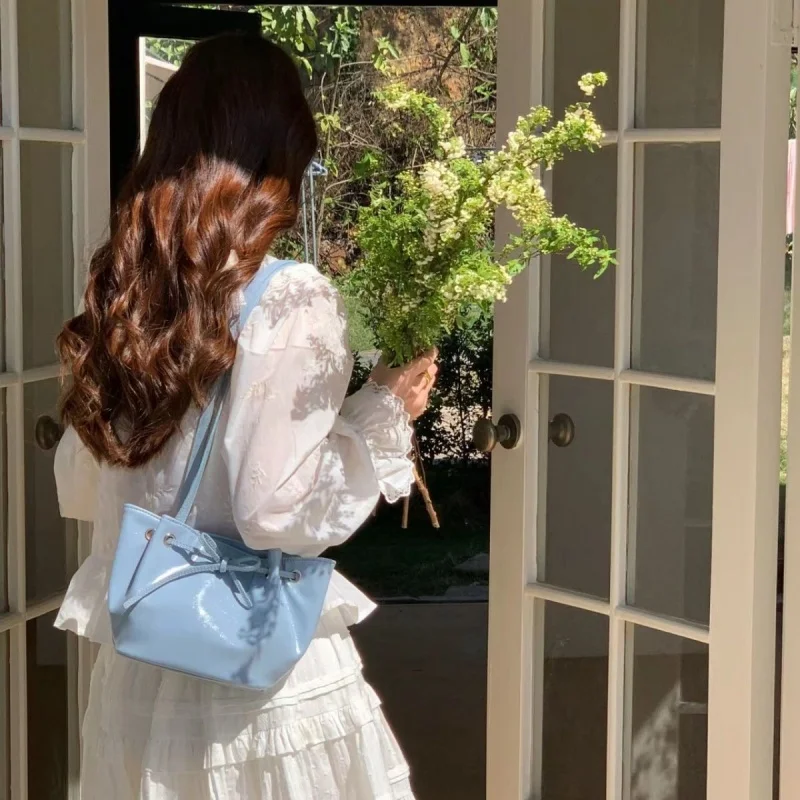 Korean Bow Drawstring Pu Leather Women Shoulder Bag Fashion All Match Bucket Bag Y2k Shopper Handbag Bolsos Para Mujer