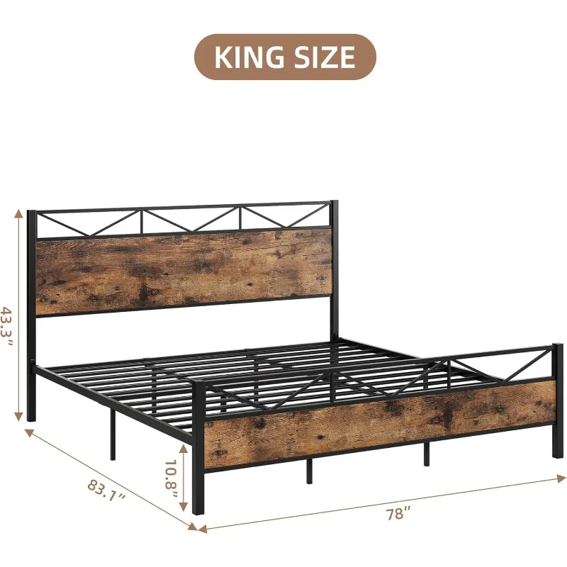 Metal Bed Frame with Headboard, King Size Bed Frame, Modern Industrial Bed Frame with Footboard, Heavy Duty 12 Metal Slat