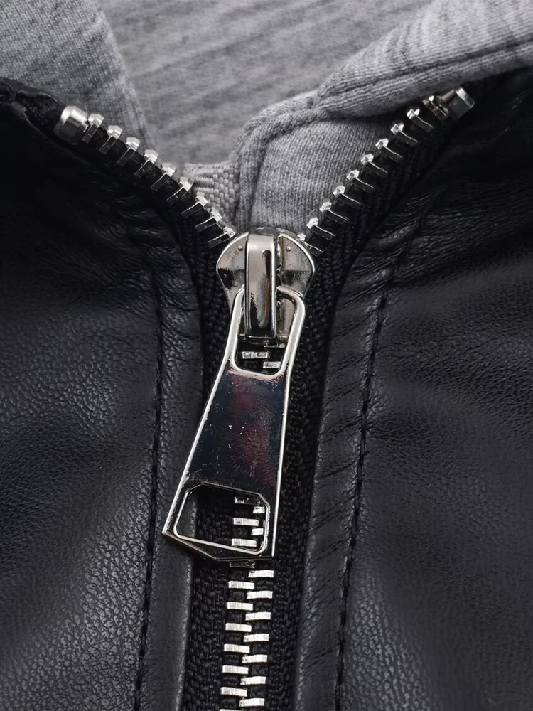 ヨーロッパ風の新しいレディースファッション、多用途、エレガント、スリム、フェイクツーピーススプライス ​ ​ フード付きの革製ジャケット。