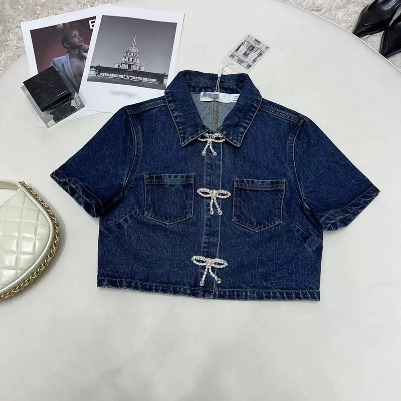 Bow Tie Embellished Women\'s Denim Suit, Crystal Drill Button Short Sleeve Top, Cotton Half-body Skirt, 2024, Summer, New Y2K