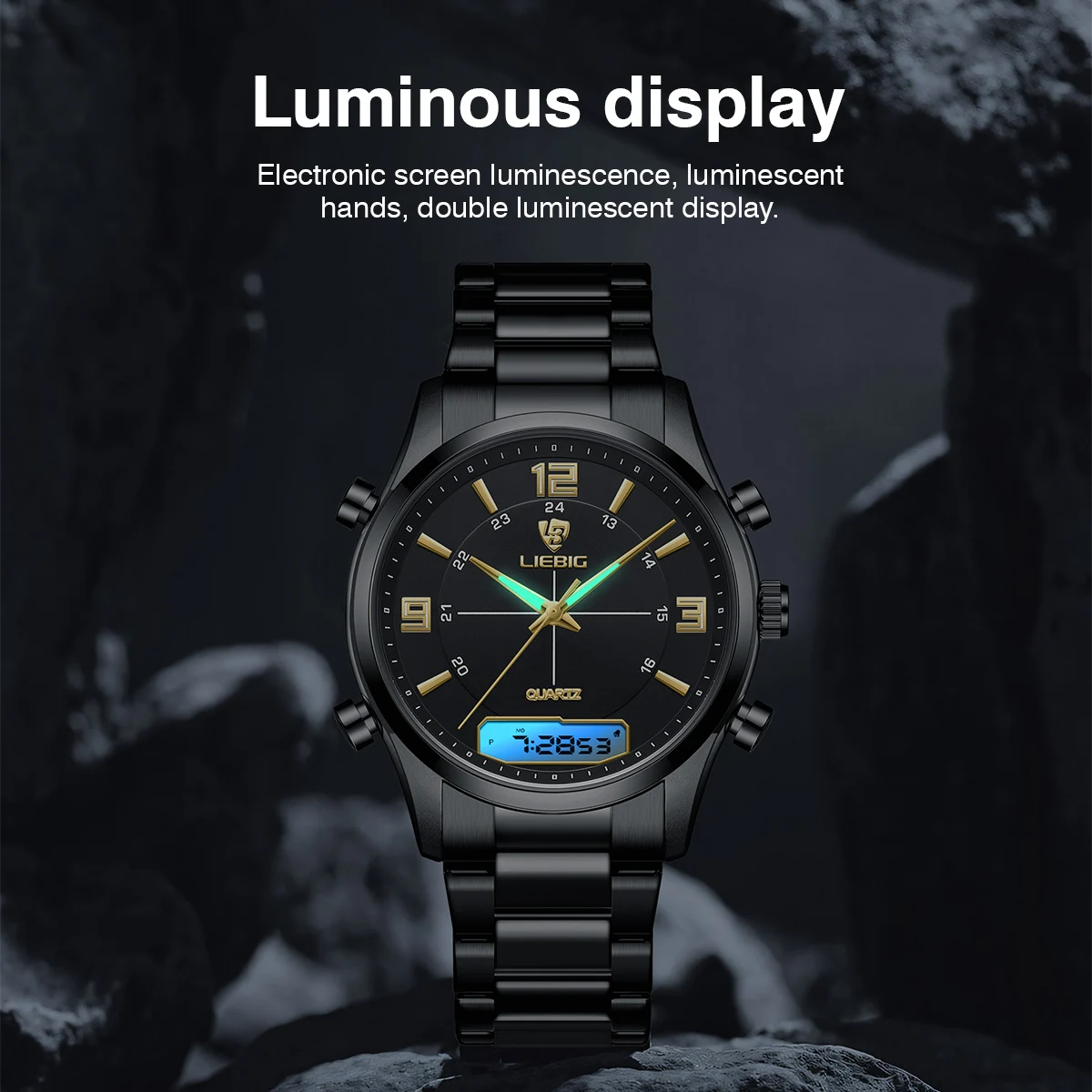 Fashion Casual Watch Men Digital Dual Time Week Gold Back Light Sport 3bar Waterproof Quartz Wristwatches Clock relogio masculin