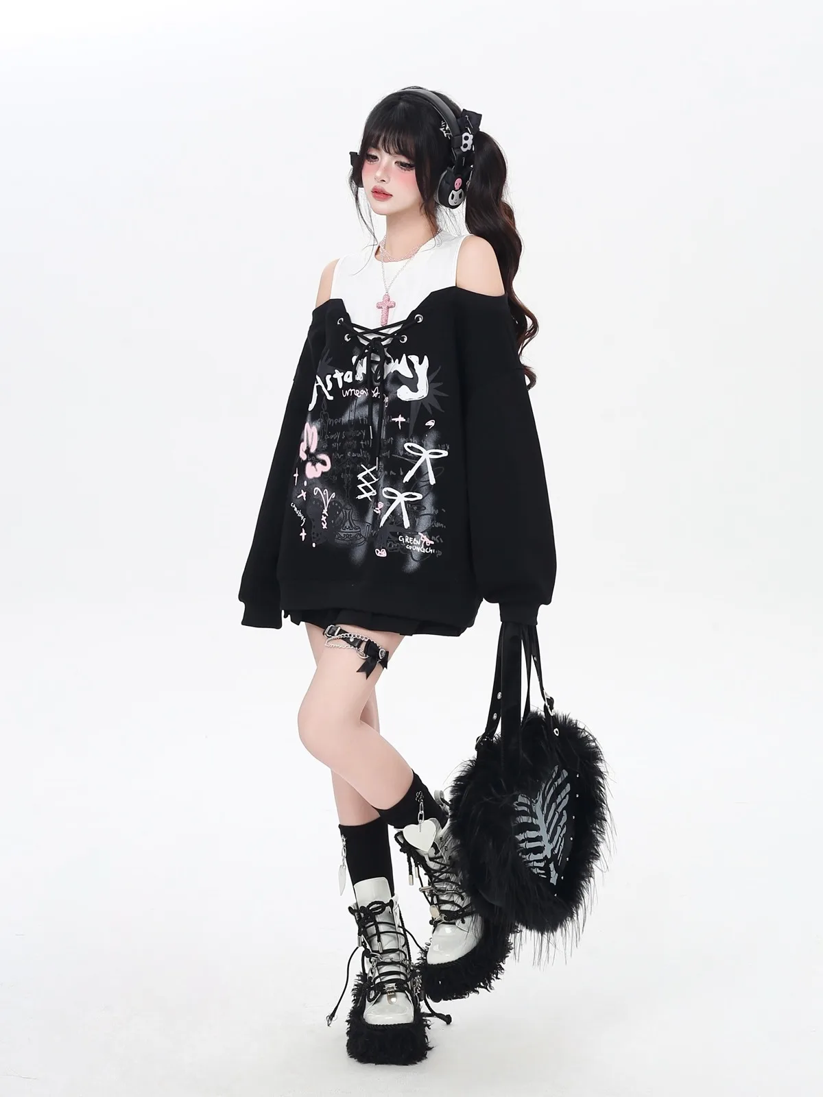 Fashion Sweet Cool Girl Patchwork Round Neck Off-Shoulder Long Sleeve Lace-up Loose Casual Letter Print Sweatshirt Women Autumn