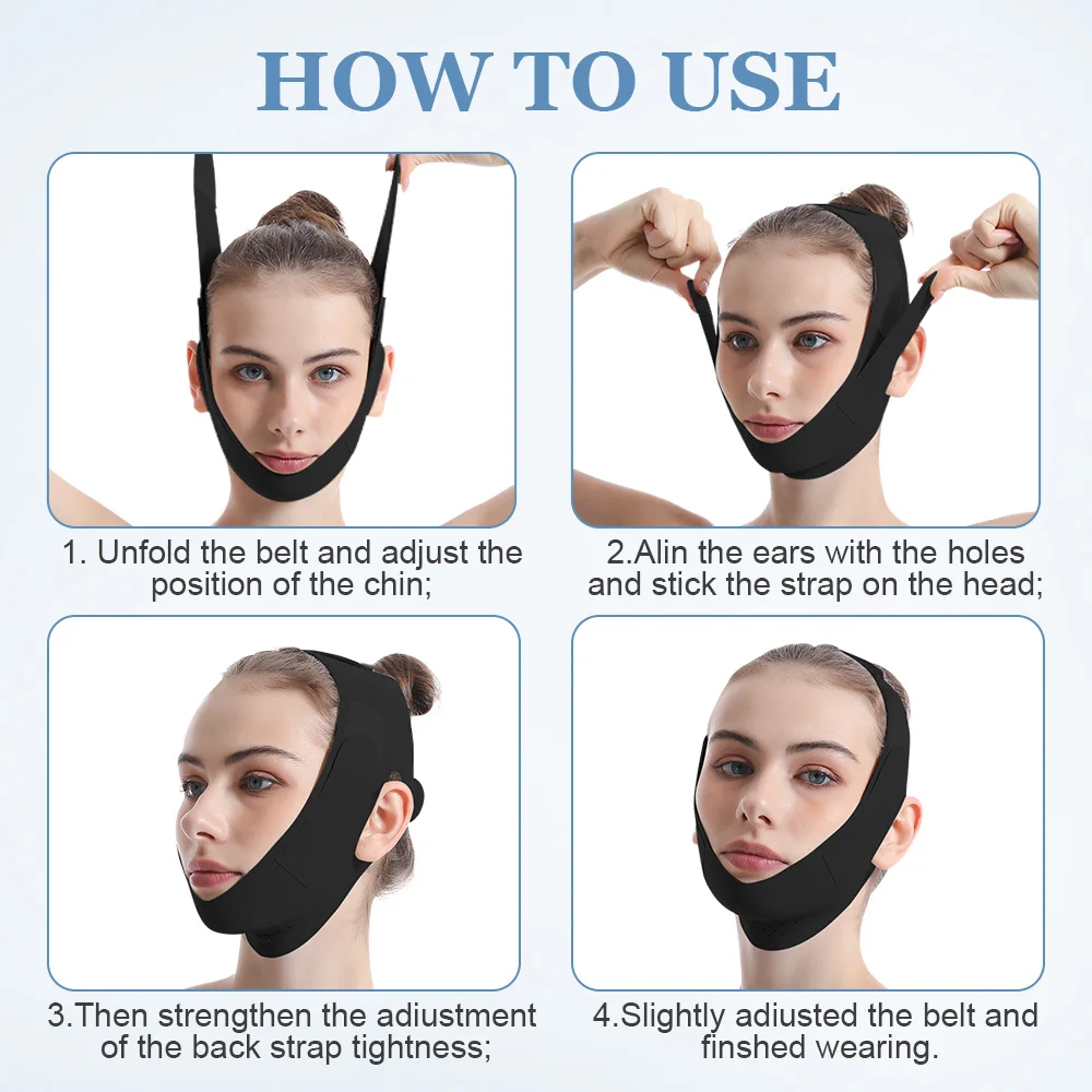 حزام الذقن للنوم، شريط شد الوجه للذقن المزدوجة للنساء، قناع رفع على شكل حرف V قابل لإعادة الاستخدام، حزام تنحيف الوجه قابل للتعديل