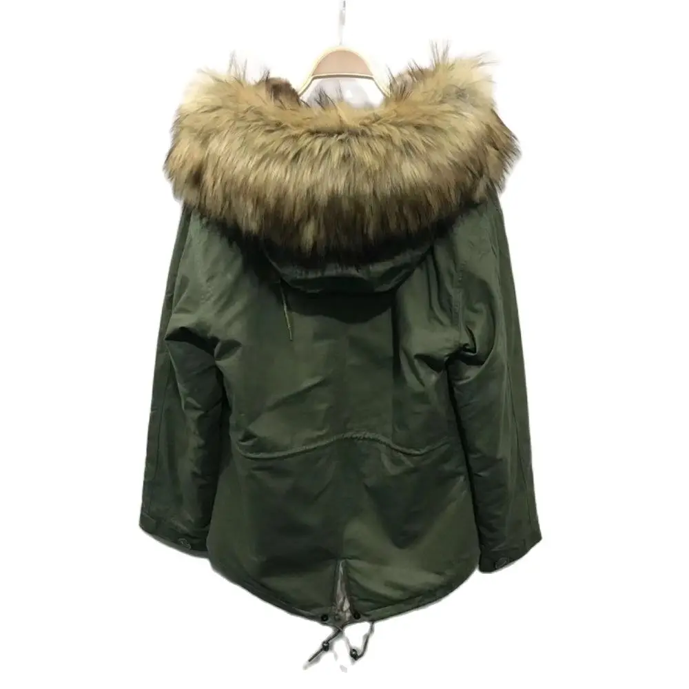 Cotton Army Green Parka Natural Color Faux Fur Lined Overcoat Women Winter Fashion Short Style Coat