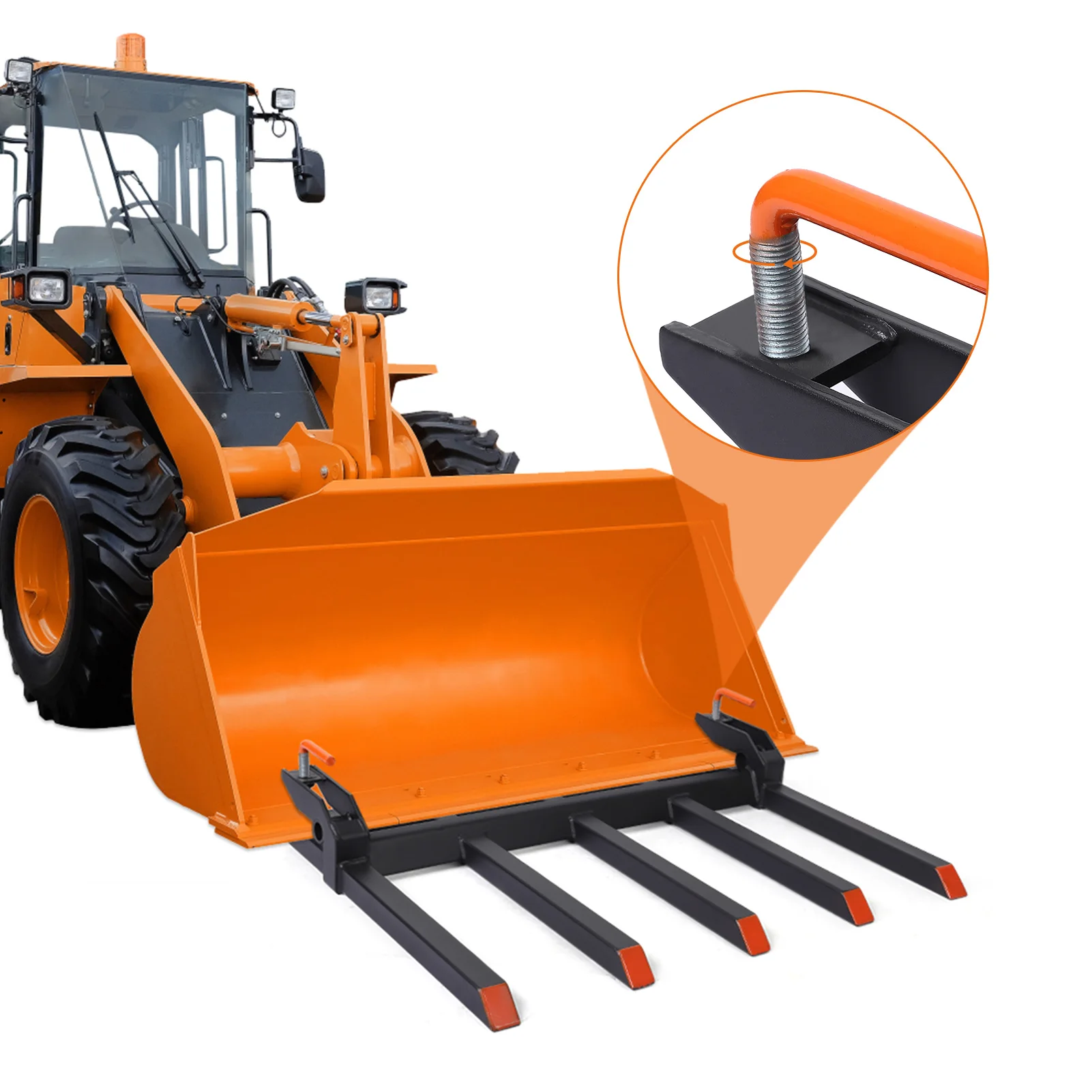 Clamp-on Debris Forks for 48 Inch Tractor Bucket, 5-Tine Heavy Duty Pallet Fork Attachment with Adjustable Stabilizer Bar, 2500 LBS Load Capacity, No-Weld Drill-Free Bucket Forks Compatible