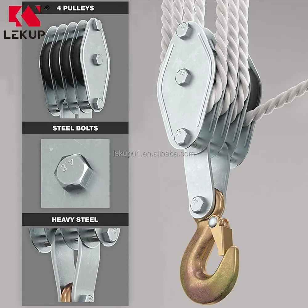 Heavy Duty Rope Hoist Pulley System 4000LB Breaking Strength Block And Tackle Pulley System Lifting Compound Pulley System