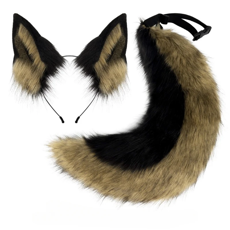 

Handmade Black Wolf Dog Ears Headband Tail Set, Halloween Animal Cosplay Costume Dress Up Accessories for Party