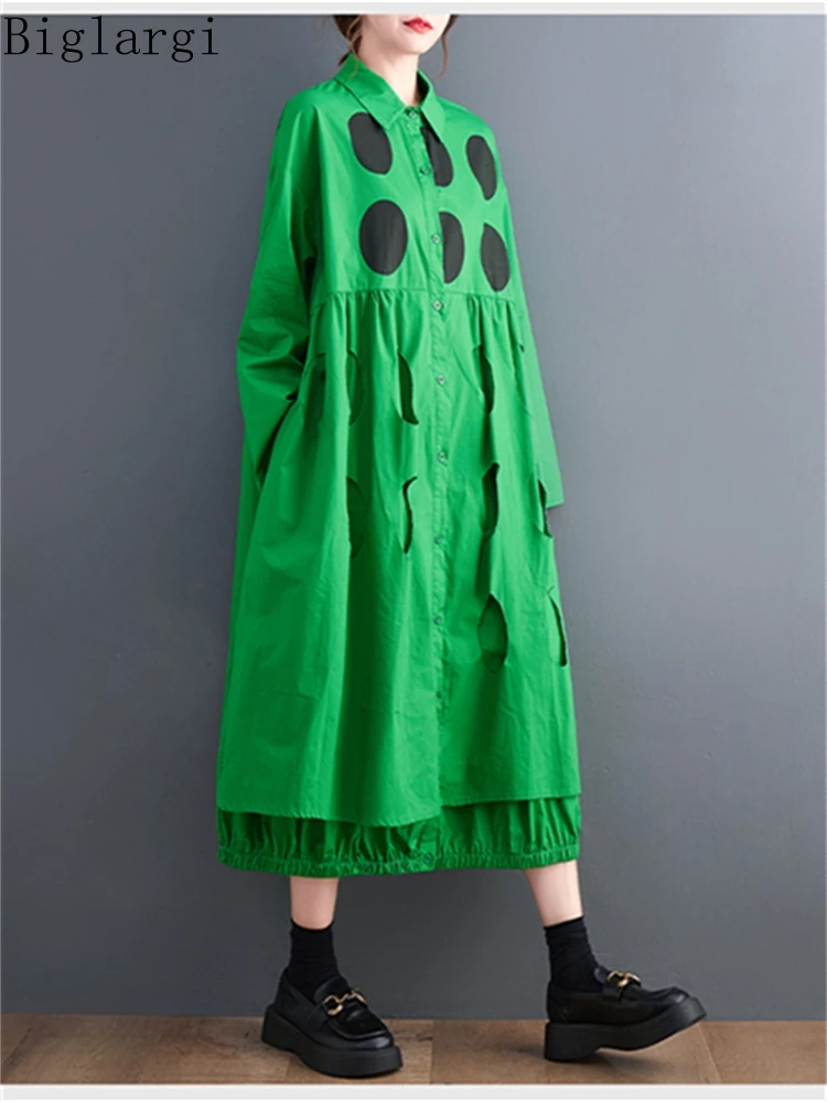 Oversized Autumn New Woman Hollow Out Polka Dot Print Shirt Dress 2023 Korea  Ladies Women Casual Loose Cotton Shirts Long Dress