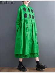 Oversized Autumn New Woman Hollow Out Polka Dot Print Shirt Dress 2023 Korea  Ladies Women Casual Loose Cotton Shirts Long Dress