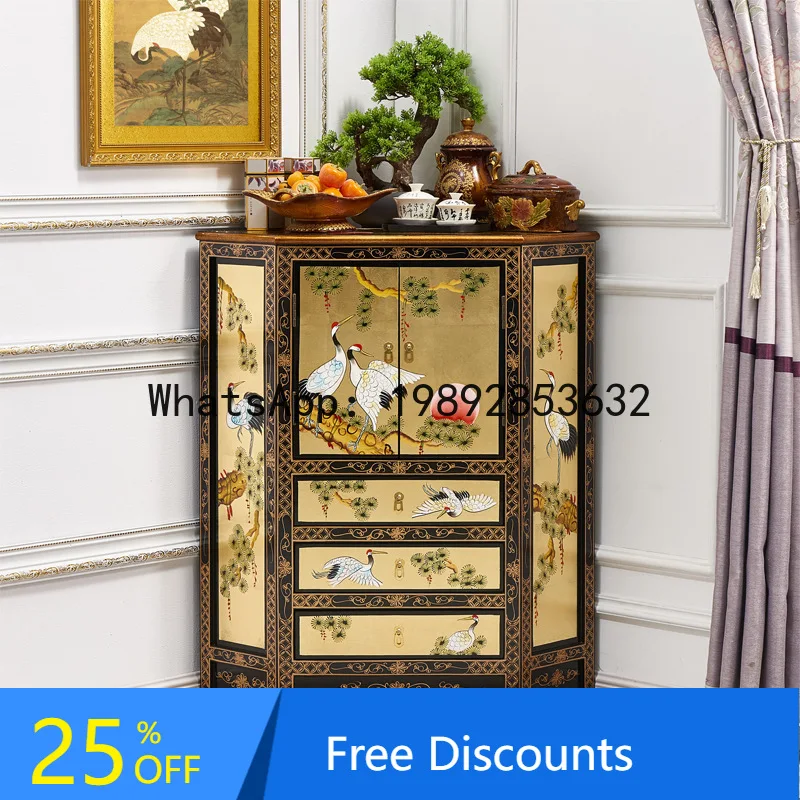 

CZ Ming Qing Gold Leaf Wall Pine and Crane Longevity Storage Cabinet Triangle Side Cabinet Painted Piano Lacquer Corner Cabinet