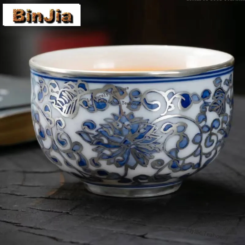 80ml Hand Drawn Entwined Lotus Tea Bowl Blue And White Porcelain Master Cup Gilding Gold Silver Host Teacup Kung Fu Teaset Gifts