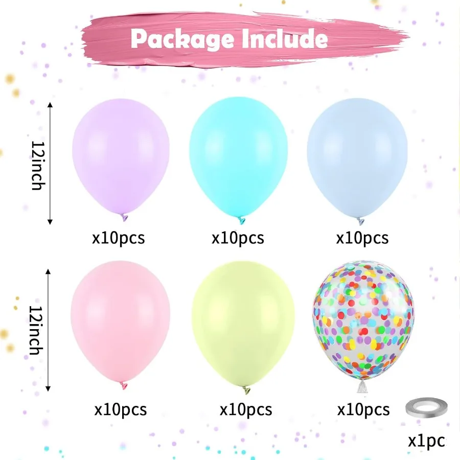 Pastel Balloons Multicolor Macaron Balloons Colorful Latex Party Balloon Set with Confetti in Baby Pink Blue Purple Yellow and