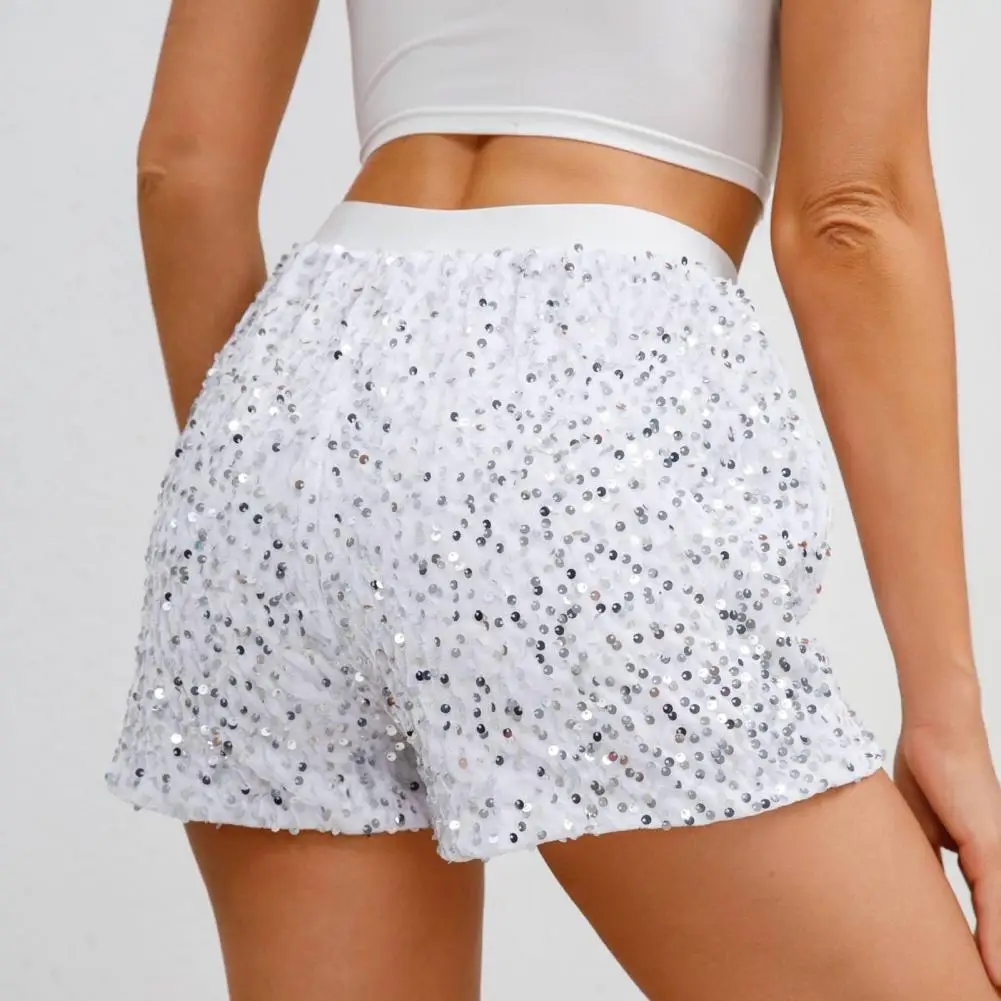 النساء السراويل عالية الخصر رش الترتر مرونة الخصر سليم صالح مستقيم البسيطة السراويل نادي حفلة الرقص سراويل قصيرة الصيف عادية #4