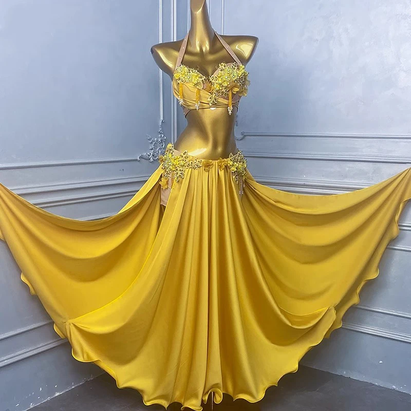 

Belly Dance Costume for Female Adult, High-end Crystal Flower, Pearl Pendant, Samba Performance, High Flash Dress