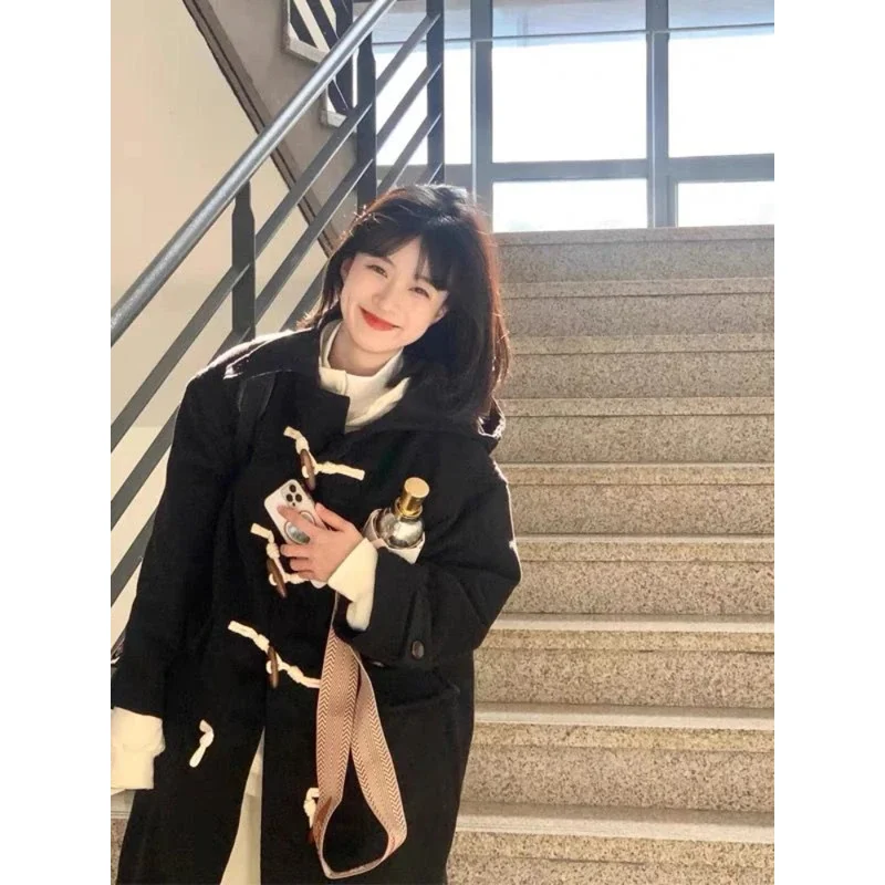 

Xgoth Cow Horn Button Woolen Coat Women's Autumn Winter New Elegant Preppy Trench Coat Female Medium Length Hooded Windbreaker