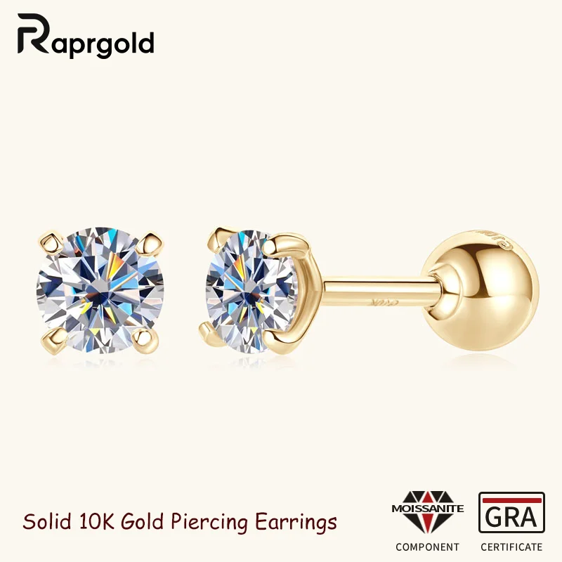 

RAPRGOLD Real Solid 10K Yellow Gold Round Moissanite Exquisite Screw Piercing Stud Earrings for Women Men Fine Jewelry Gifts