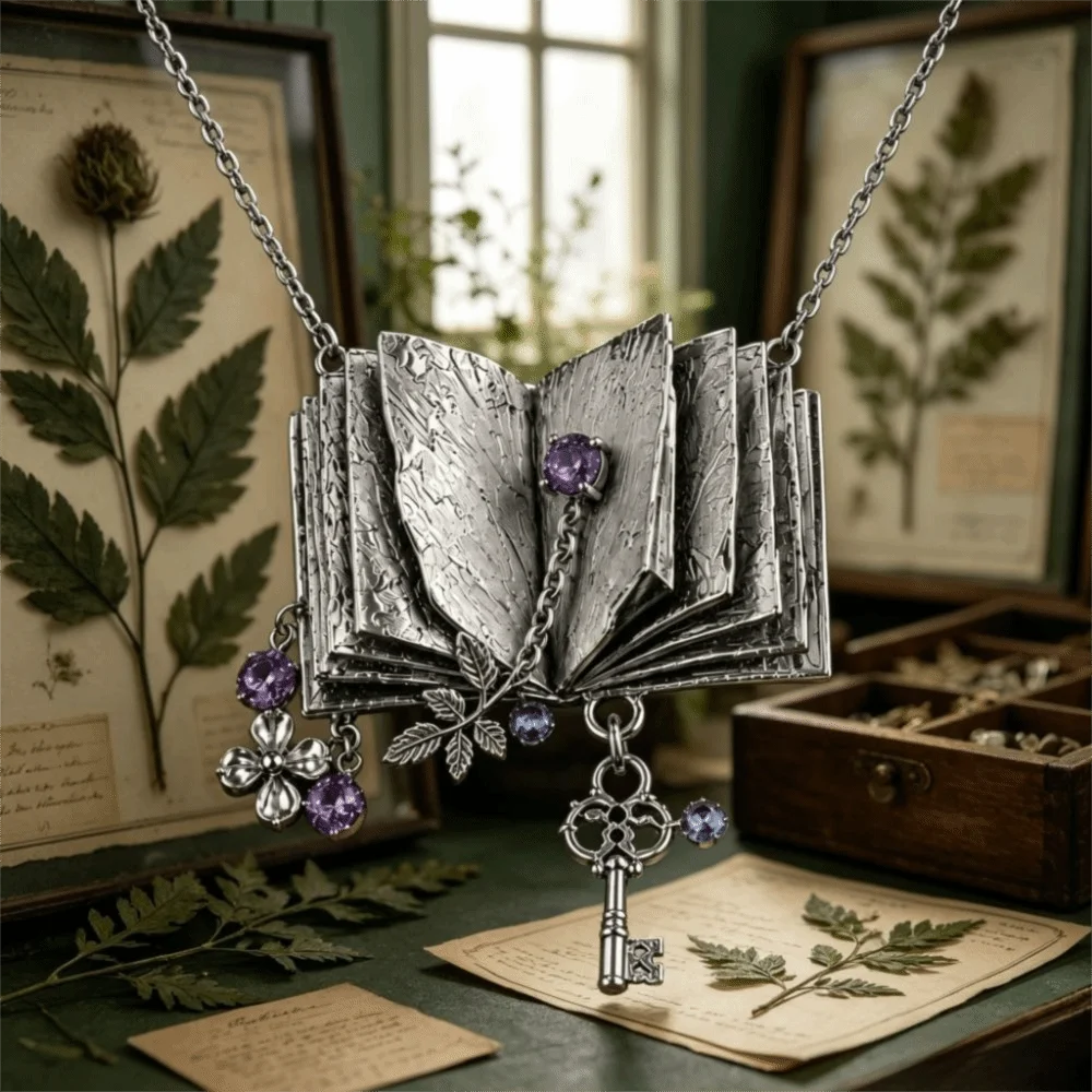 Romantic Purple Book Pendant Necklace Floral Leaf Retro Vintage Necklace Chic Design Antique Key Necklace Medieval Themed
