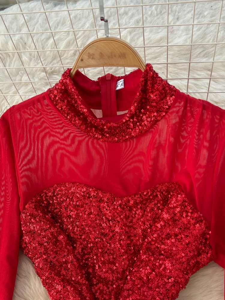 French Elegant Luxury Satin Sequin Dress for Women Feather-Sleeve Patchwork Long Sleeve Slim Ruffle Hem Vintage Casual Dresss