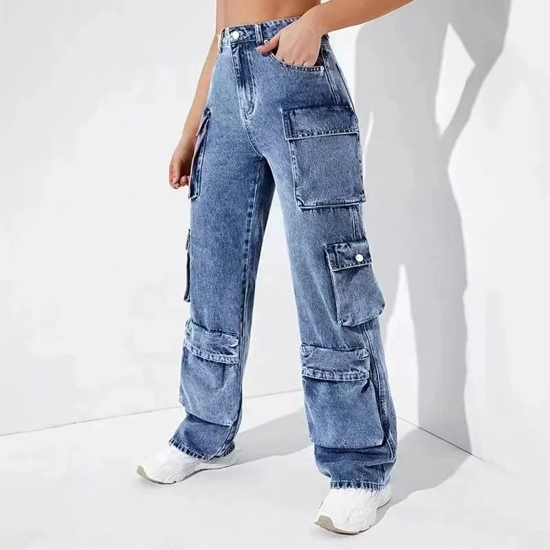 Jeans Women Straight Cargo Pants Denim High Waist Vintage Pockets Button Basics Ankle Length Trousers  Autumn Streetwear