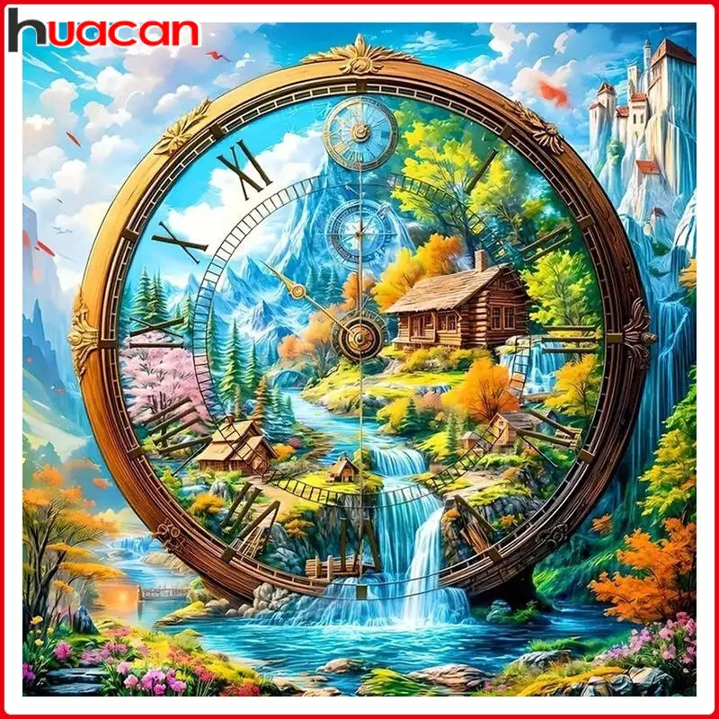 Huacan Clock Landscape Diamond Painting 5D DIY Diamond Mosaic Art Embroidery Handmade Cross Stitch Home Decor