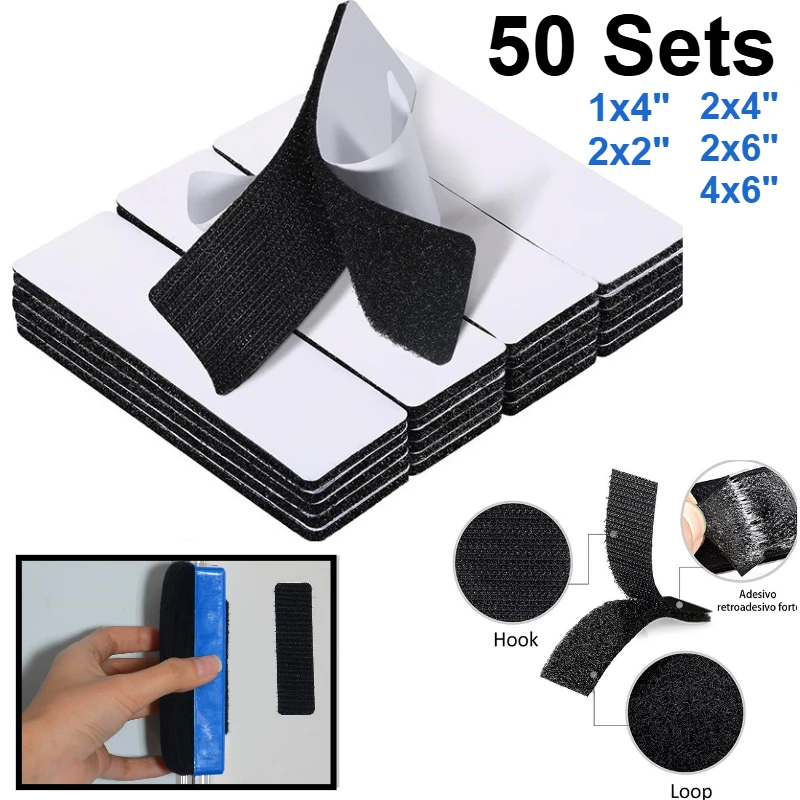 50 Sets Sticky Strips with Adhesive Black/White 1x4/2x2/2x4/2x6/4x6 Inch Hook and Loop Fasteners for Home Classroom or Office