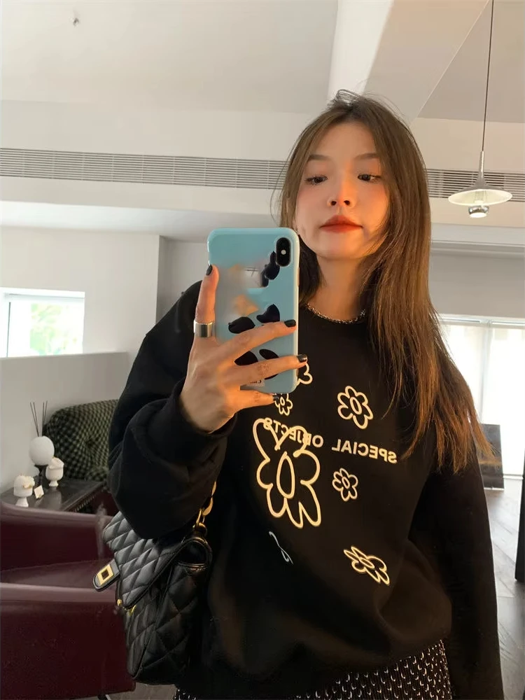 Preto impresso moletom feminino 2025 outono em torno do pescoço solto casual topos moda coreana manga longa hoodie streetwear