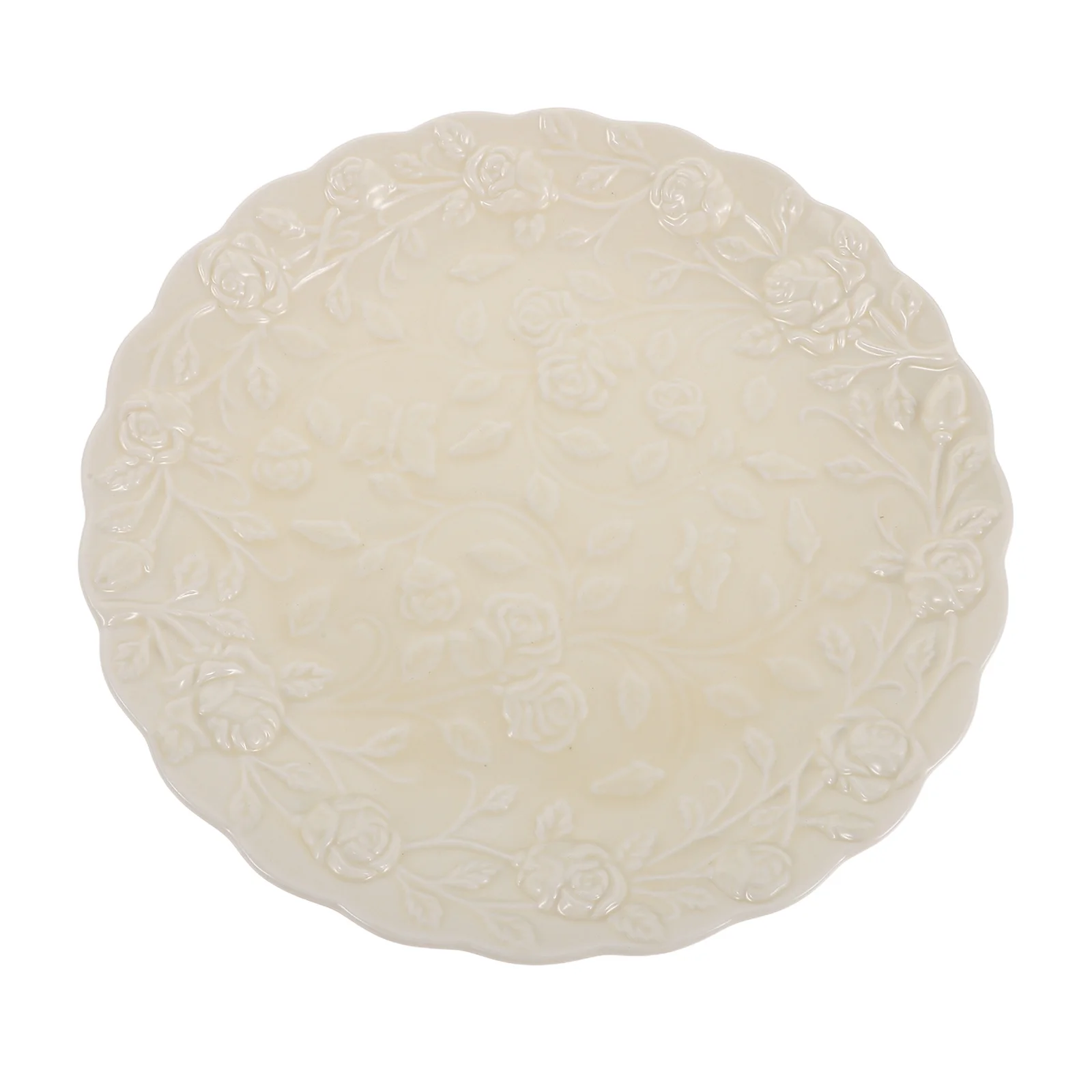 

Ceramic Rose Pattern Embossed Serving Platter White Round Dessert Cake Plate Afternoon Tea Display Embossed Serving Platter