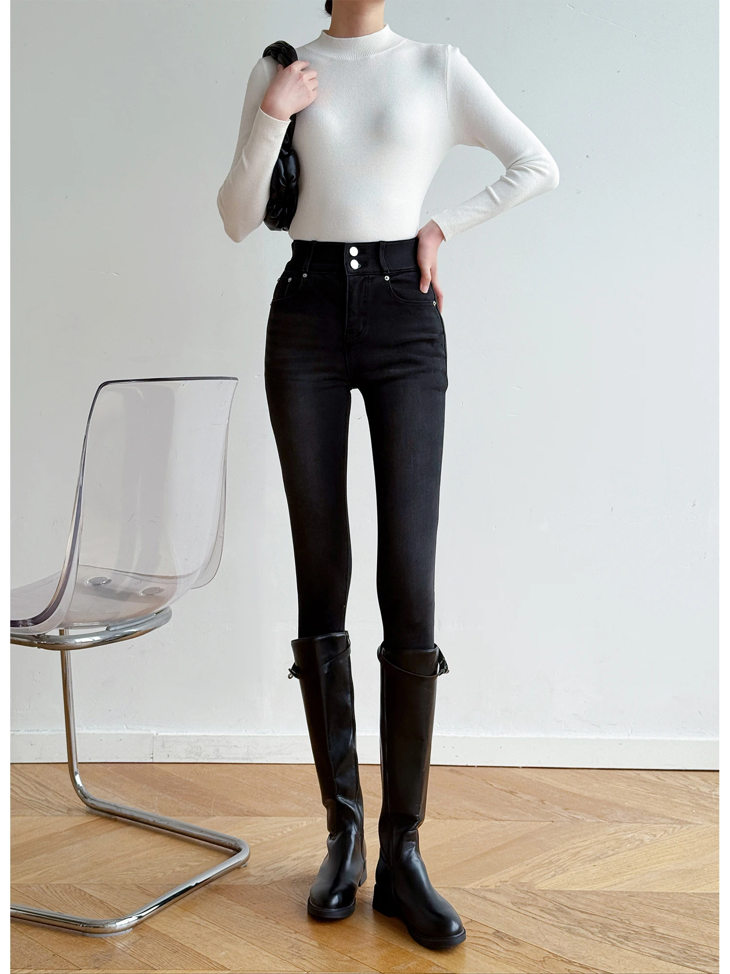 

Эластичные облегающие джинсы с высокой талией GP, женские осенне-зимние универсальные длинные высокие женские джинсовые брюки, модные пригородные брюки...